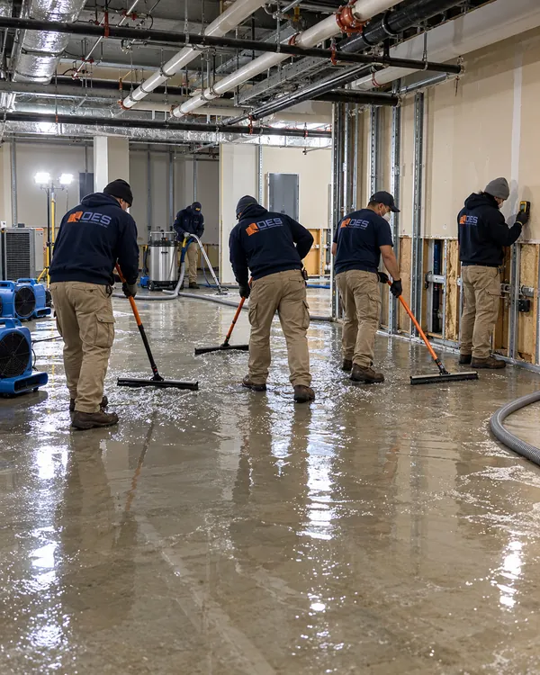 OES crew pushing standing water toward an extraction hose in a flooded commercial building, with air movers running