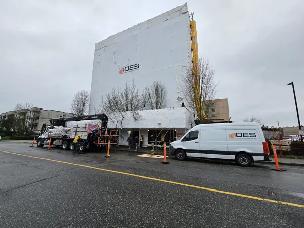 Building wrapped in sheeting