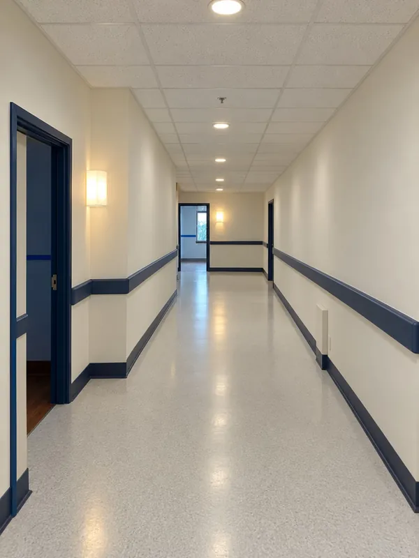 The same corridor restored, with navy handrails and new sheet flooring
