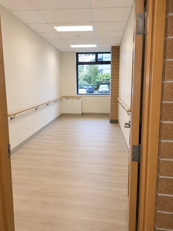 The same corridor finished, with handrails, new flooring and a tile ceiling