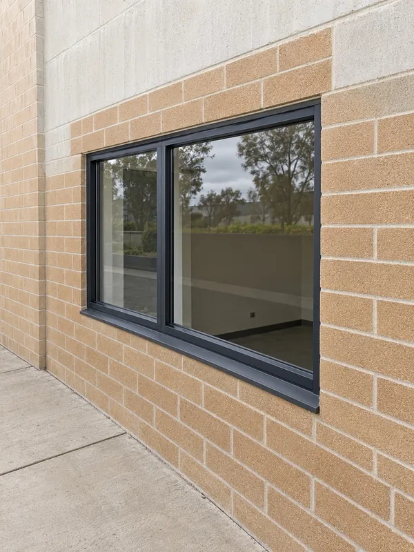 The same wall finished, with a new dark-framed window and repaired brick