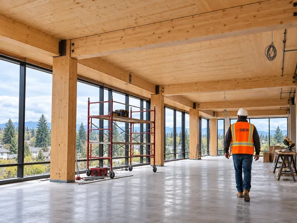 Open floor with glulam columns and beams under a CLT ceiling